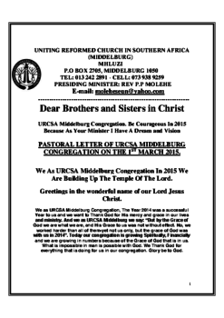 PASTORAL LETTER OF URCSA MIDDELBURG 2 MARCH 2015